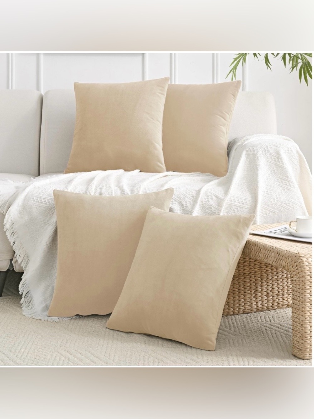 Velvet Decorative Pillow Covers SQUARE 16x16” (4-pack) BEIGE